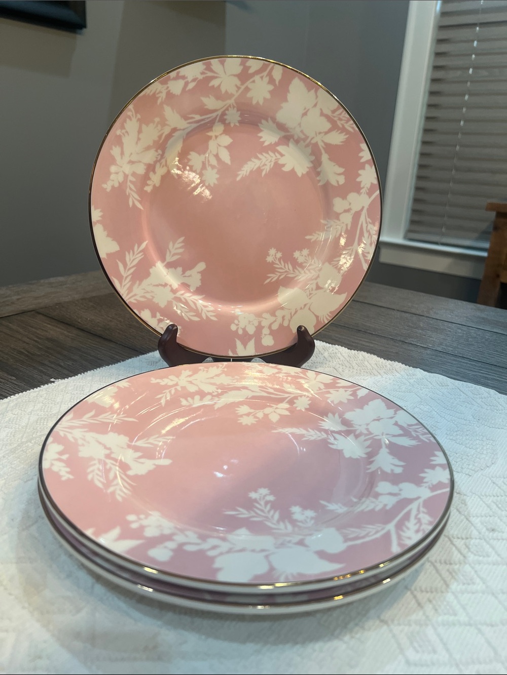 3 Pottery Barn Pink & White Floral Plates Gold Trim 8.75 Inch
